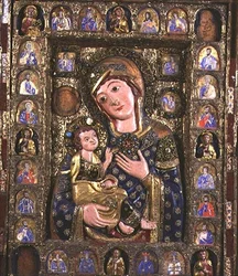 Madona e Criança com Evangelistas e Profetas, painel central de tríptico (madeira, filigrana de prata e esmalte) (detalhe de 76918)