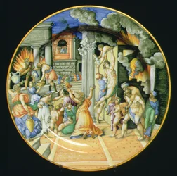 placa Maiolica representando a queima de Tróia com Enéas carregando o seu pai Anchises nas costas com o seu filho Ascanius ao seu lado, italiano
