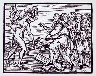 Bruxo que renega Cristo, cópia de uma ilustração do Compendium Maleticarum do padre M. Guaccius, Milão 1608, usada na História da Magia, publicada no final do século XIX