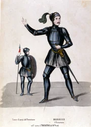 O traje do Manrico para a primeira representação do Trouvère (Trovatore) de Giuseppe Verdi (1854) biblioteca de la scala de Milan