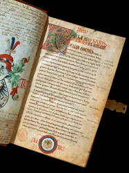 Manuscrito "De Bello Gallico, Comments on the War of the Gauls" de Jules Cesar (Giulio Cesare ou Caius Júlio César) (100-44 AC) (ms. 541) Blazon do humanista Niccolo Tranchedini, proprietário do manuscrito. Século XIV Biblioteca Riccardiana Nápoles