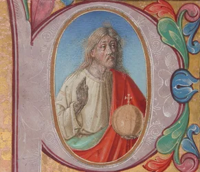 Manuscrito Iluminação com Salvator Mundi em um P inicial, de um livro de coro (Tempera, tinta e ouro em pergaminho)