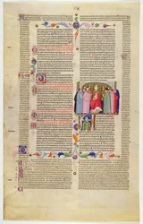 Marlay Cutting IT.10: Folha com miniatura de Gratians Decretum mostrando o arcebispo entronizado entre clérigos e seculares