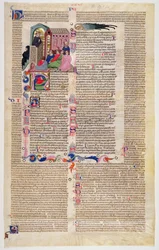 Marlay Cutting IT.11: Folha com miniatura de Gratians Decretum mostrando um monge pregando a uma congregação de homens e mulheres