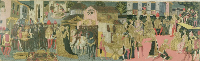 Cerimónia de casamento pintada em painel de cassetes, Escola Florentine, c.1430