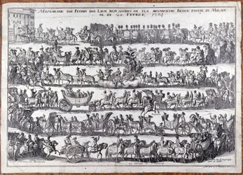 Mascarada: procissão e dança de máscaras de pessoas por ocasião do carnaval. Milão 20/02/1764 Gravura do século XVIII