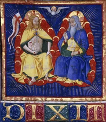 Mestre da Vitae Imperatorum: A Trindade, miniatura de um coro iluminado sobre pergaminho, c.1440 (pintura e ouro polido sobre pergaminho)