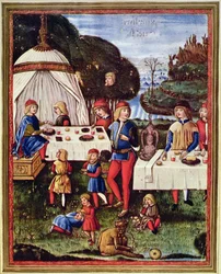 Maximilian Sforza quando criança fazendo uma refeição no jardim, ilustração de uma cópia de 