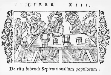 Homens bebendo, ilustração Descrição do Norte por Olaus Magnus (1490-1558), publicado em Roma, 1555