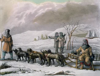 Homens de Kamchatska, com um trenó de cachorro, de Costumi dei ... por Giulio Ferrario, c.1820s-30s