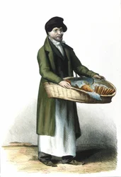Milanese Metier: um vendedor de bolachas e bolos. 1830 Gravura de Locarno.