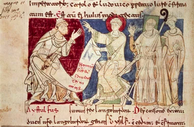 Miniatura de Chronicon Vulturnense, códice iluminado composto pelo monge Iohannes, ca. 1130, Itália