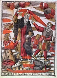 Milagre de Santo Antônio, o Grande, curando um homem envenenado (impressão xilogravura colorida)