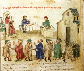 Modelo de comportamento para peregrinos - em «Croniche del Sercambi», cerca de 1400. Arquivo do Estado, Lucca.