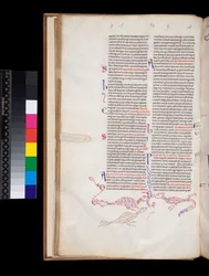 Sra. 164. Peter Lombar, Sententiae, f.15v. decoração de caneta bas-de-página desenvolvida em híbridos de pássaros/dragões