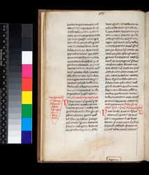Sra. 165. Johannes Belethus, Summa de ecclesiasticis officiis, f.13v. Exemplo de uma mão de livro gótica com rubricas e correcções marginais em vermelho