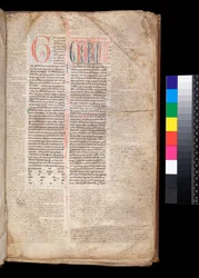 Sra. 213. Gregory IX, Decretales with Apparatus de Bernardo Botone de Parma, F.1r. Inicial [G] em vermelho com decoração de caneta reservada e azul