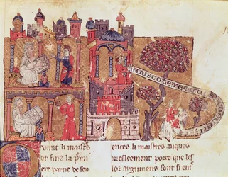 Ms 269 Fol.108 Aristóteles (384-322 aC) instrui Alexandre, o Grande (356-323 aC) na moral e no desdém das mulheres, de Le Livre du Tresor por Brunetto Latini (1220-94)