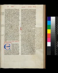 Sra. 342. César, Ópera, f.38r. Inicial [E] em azul, com decoração de caneta em vermelho