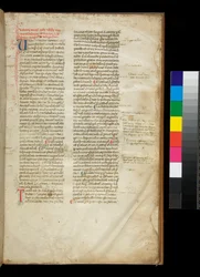 Sra. 361. Valerius Maximus, Factorum et Dictorum Memorabilium Libri, f.2r. Exemplo de uma mão de livro gótica semicirculares arredondadas, e iniciais coloridas com decoração contrastante com caneta florida.