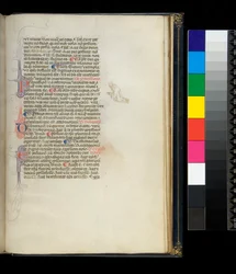 Ms 373. Pseudo-Cicero, Rhetorica ad Herennium, e outras obras, f.50r. Iniciais floreadas com caneta e uma decoração de caneta na margem representando um monge descalço ajoelhado, c.1337