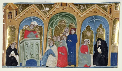 Ms. 400-2000: Miniatura de Gratians Decretum mostrando um bispo pregando a uma congregação, c.1325-30