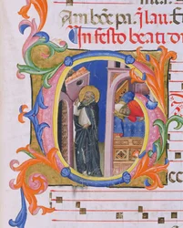 Ms 559 f.298v Historiated G inicial que descreve São Domingos sustentando a Igreja e o Sonho do Papa Honório III (1216-27) do Salmo H de San Marco e Cenacoli