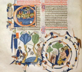 Ms 766 Cristo falando aos anjos e cenas da vida diária medieval (agricultura, agricultura, pesca e oração, miniaturas do Liber Quatuor Sententiarum (Livro das Sentenças) por Petrus Lombardus, secon