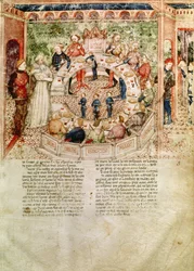 Sra. Fr 343 fol.3 Sir Galahad é recebido na Mesa Redonda, do Queste del Saint Graal, c.1380-85