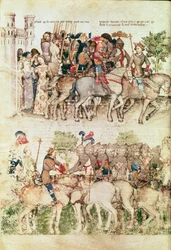 A Sra. Fr 343 fol.8v Arthur e seus cavaleiros partem em busca do Santo Graal, da Queste del Saint Graal, c.1380-85