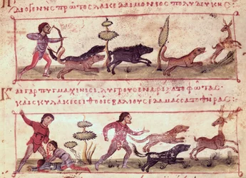 Ms Grec 479 Deer Hunting, ilustração do Cynegetica por Oppian (tempera em velino)