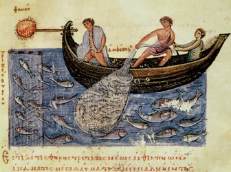 Sra. Grec 479 Pesca com uma rede, ilustração da Halieutica por Oppian (tempera sobre velino)
