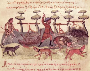 Ms Grec 479 Caça com Redes, ilustração do Cynegetica por Oppian (tempera em velino)