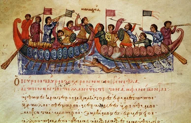 Grec 479 Naval Combat entre dois navios, ilustração da Halieutica ou Cynegetica por Oppian