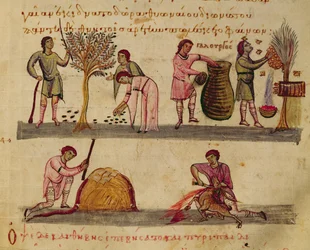 Sra. Grec 479 Trabalhando nos campos, ilustração do Cynegetica por Oppian (tempera em velino)