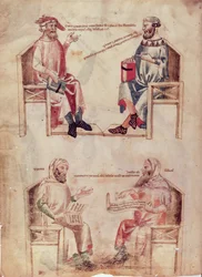 MS 6823 fol.1v Galen (c.460-c.377 BC) e Hunayn ibn Ishaq (808-73) e Hipócrates e Galen (c.201-C.131) a partir das ervas por Manfred de montagem imperial, c ,330-40