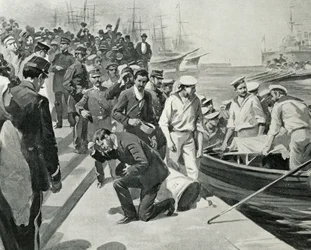 Motim do couraçado russo Potemkin a desembarcar no porto de Constanta, na Roménia, ilustração de L