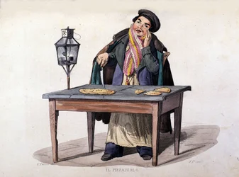 Nápoles, vendedor de pizzas. Gravura depois de uma pintura de F. Palizza. De uma obra de Francesco de Bourcard "Costumi del regno di Napoli".