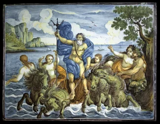 Neptuno no seu tanque e com um tridente. Placa rectangular, decoração de grande fogo policromado, feita em Castelli, Itália.