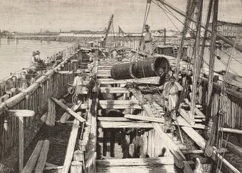 Novo aqueduto em Veneza, assentando o canal na lagoa, Itália, gravura de desenho de Riera, de L