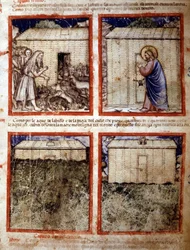 Arca de Noé, Miniatura tirada do códice 212 (ou códice padovano ou Bíblia de Pádua) 1390-1400 Rovigo, Accademia dei Concordi