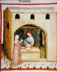 Nova 2644 fol.43r Venda de Amido de Trigo, de Tacuinum Sanitatis Codex Vindobonensis (vellum)
