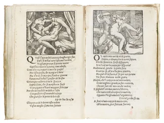 Página de «Sonetti Lussuriosi» de Pietro Aretino, ilustrada por Giulio Romano e gravada por Marcantonio Raimondi, publicada em Veneza, c. 1527