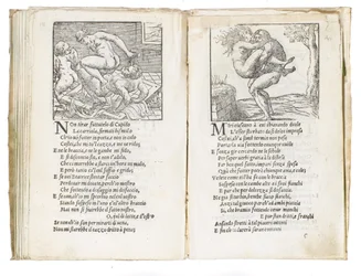 Página de "Sonetti Lussuriosi", de Pietro Aretino, ilustrada por Giulio Romano e gravada por Marcantonio Raimondi, publicada em Veneza, c. 1527