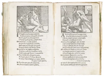 Página de «Sonetti Lussuriosi» de Pietro Aretino, ilustrada por Giulio Romano e gravada por Marcantonio Raimondi, publicada em Veneza, c.1527
