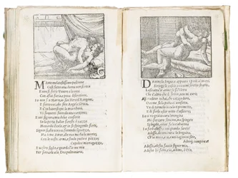 Página de &39;Sonetti Lussuriosi&39; de Pietro Aretino, ilustrada por Giulio Romano e gravada por Marcantonio Raimondi, publicada em Veneza, c.1527 (impressão e xilogravura)