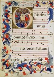 Página de notação musical com um G inicial historiated que descreve um grupo de santos com St. Ursula no meio, Escola bolonhesa