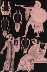 Flautas, liras e outros instrumentos musicais na Grécia Antiga - Instrumento musical da Grécia Antiga - gravura de «Usi e Costumi di Tutti i Popoli dell