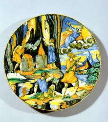 Placa representando Caim matando Abel, Rimini, meados do século XVI (maiolica)