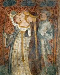 Jogando um jogo de bola, detalhe de cenas de um torneio e vida cortês da Casa dEstate (Summer House), 1388-1400